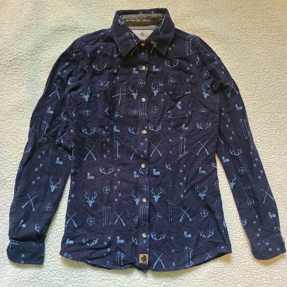 Legendary Whitetails Cottage Escape navy hunting print flannel shirt size XS